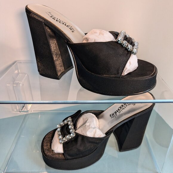 Skechers Shoes - Vintage Chunky Heel Shimmer Black Platform Skechers Rhinestone Buckle Heels